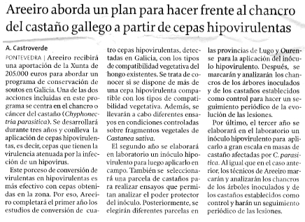 Areeiro aborda un plan para facer fronte ao cancro do castieiro galego a partir de cepas hipovirulentas do fungo