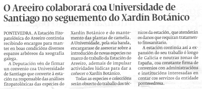 O Areeiro colaborar coa Universidade de Santiago no seguimento do Xardn Botnico
