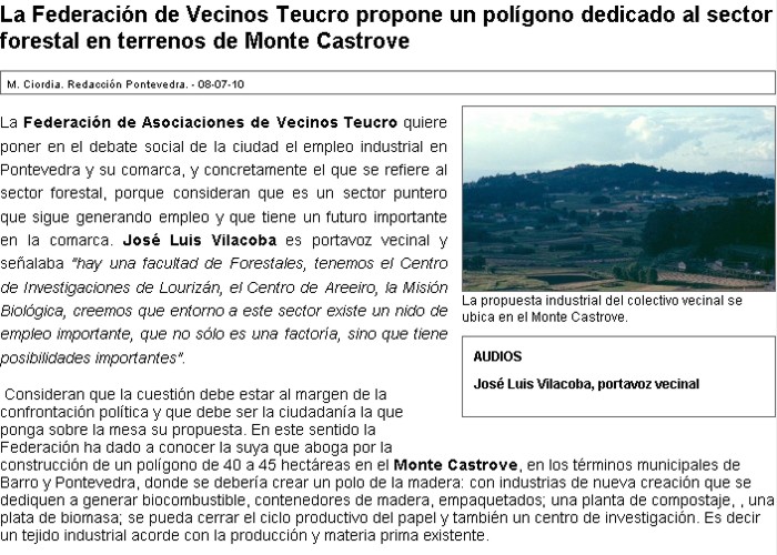 La Federacin de Vecinos Teucro propone un polgono dedicado al sector forestal en terrenos de Monte Castrove