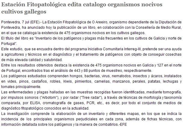 Estacin Fitopatolgica edita catalogo organismos nocivos cultivos gallegos