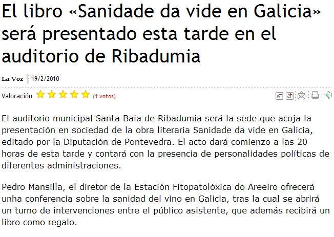 El libro Sanidade da vide en Galicia ser presentado esta tarde en el auditorio de Ribadumia
