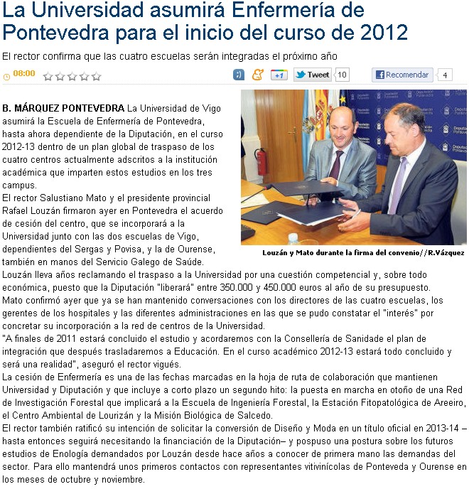 A Universidade asumir Enfermera de Pontevedra para o inicio do curso de 2012